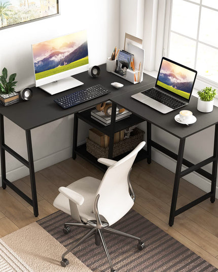Giantex L Shaped Desk with Power Outlets & USB Ports, 48" Corner Gaming Desk with 2 Tier Storage Shelves