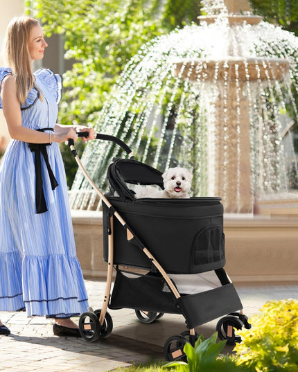 Giantex Pet Stroller 3-in-1, Folding Dog Stroller Detachable Carrier Car Seat (Black & Gold)
