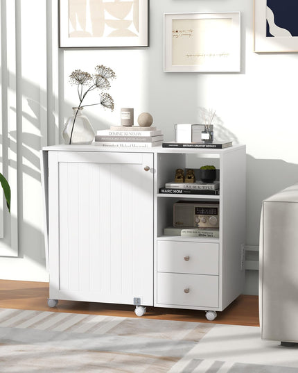 Giantex Folding Sewing Table with Charging Station, Rolling Craft Table with Storage Shelves and Drawers