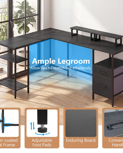 Giantex 63" Reversible L Shaped Desk with Charging Station