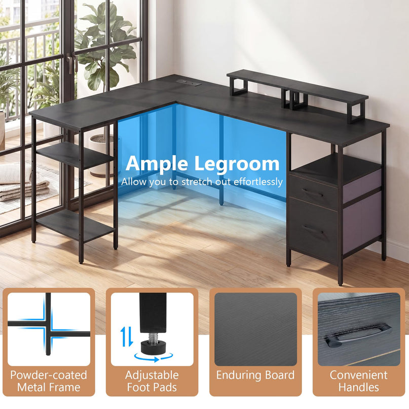 Giantex 63" Reversible L Shaped Desk with Charging Station