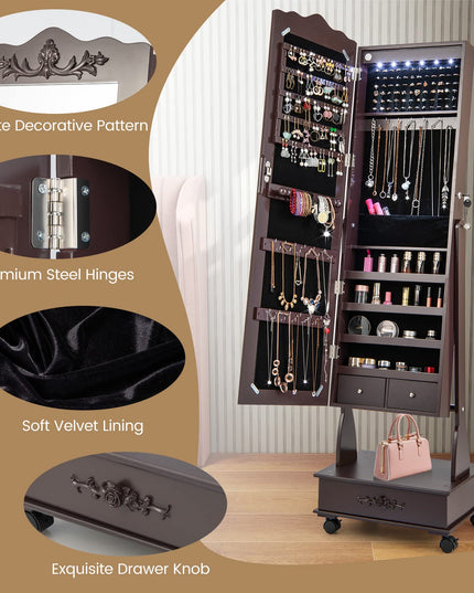 CHARMAID 6 LEDs Rolling Jewelry Cabinet with High Full Length Mirror, Lockable Standing Jewelry Armoire with Wheels