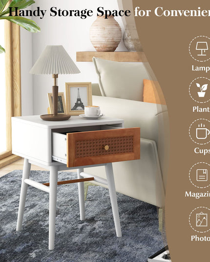 Giantex Rattan Nightstand, Boho End Side Table with Rattan Decorated Storage Drawer & Solid Wood Legs