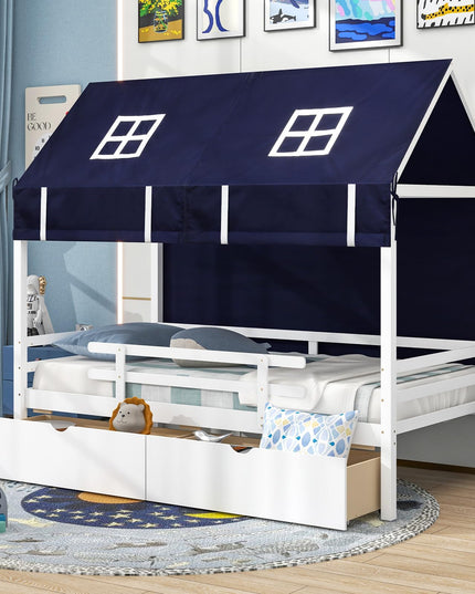 Giantex Twin House Bed with Tent, Wood Kids Bed with 2 Storage Drawers, Solid Wood Daybed Frame with Rails and Roof