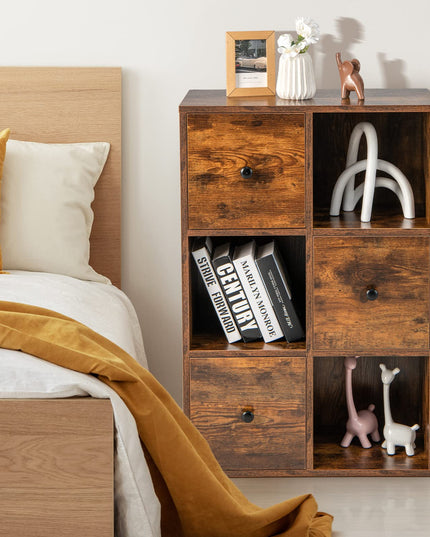 Giantex 6-Cube Bookcase with Drawers, 3-Tier Freestanding Wooden Bookshelf with Anti-toppling Device