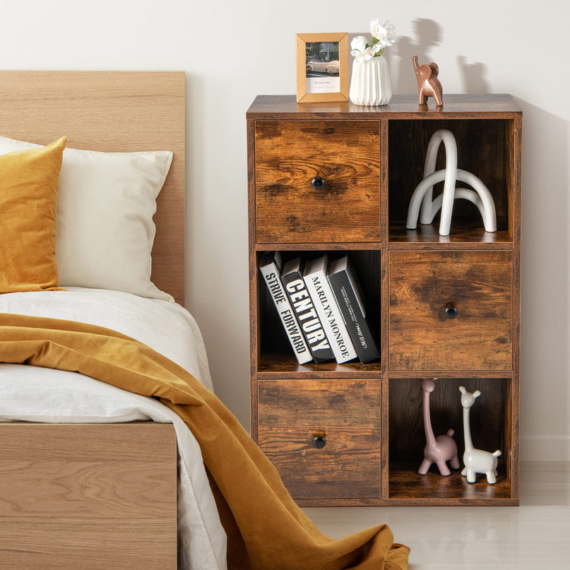Giantex 6-Cube Bookcase with Drawers, 3-Tier Freestanding Wooden Bookshelf with Anti-toppling Device
