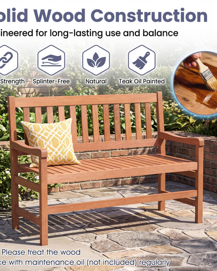 GIANTEX 44 Inch Solid Wood Patio Bench with Slatted Backrest & Armrests for Porch