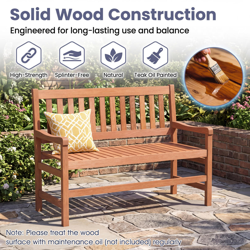 GIANTEX 44 Inch Solid Wood Patio Bench with Slatted Backrest & Armrests for Porch