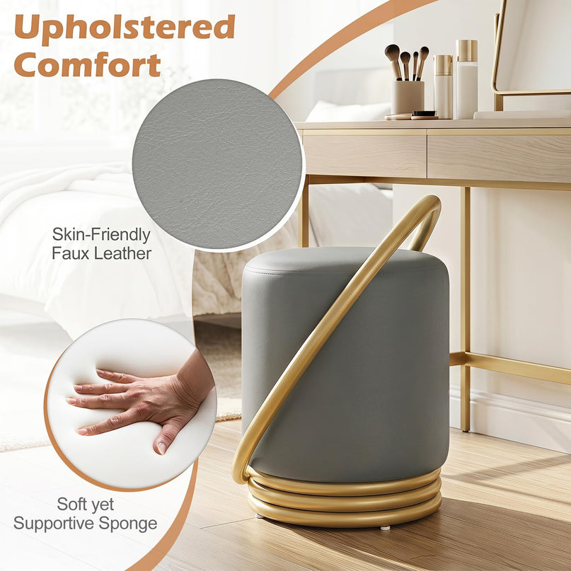 Giantex Modern Round Upholstered Vanity Stool with Gold Halo Metal Accent