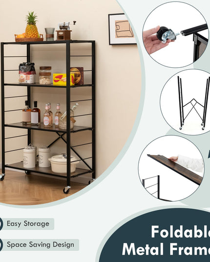 Giantex 4-Tier Folding Storage Shelf, Collapsible Shelving Unit w/Lockable Wheels & Adjustable Shelf