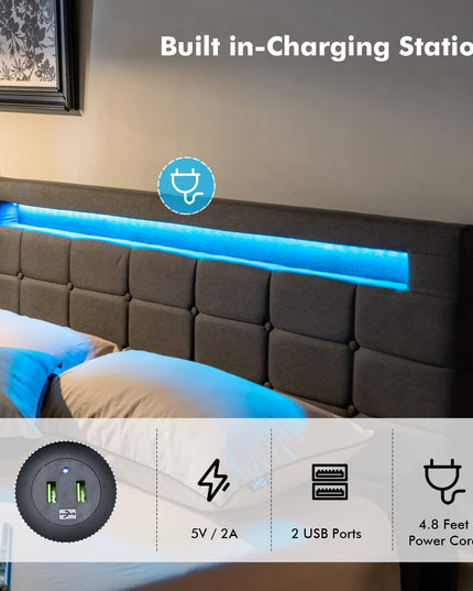 Giantex Queen Bed Frame with LED Lights and 4 Drawers, Upholstered Platform Bed Frame with USB Ports
