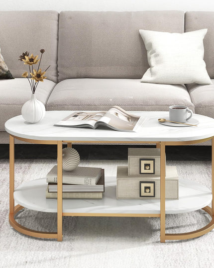 Giantex White Marble Coffee Table - Modern 2-Tier Center Table w/Open Storage Shelf