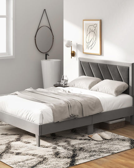 Giantex Full Size Velvet Bed Frame with Headboard, Modern Upholstered Platform Bed, No Box Spring Needed, Black & Gray