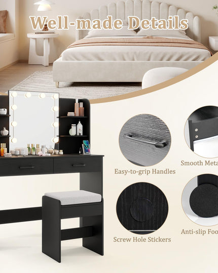 CHARMAID Vanity Desk with Mirror and Lights, Black Makeup Vanity Table with Large Drawers, Storage Shelve