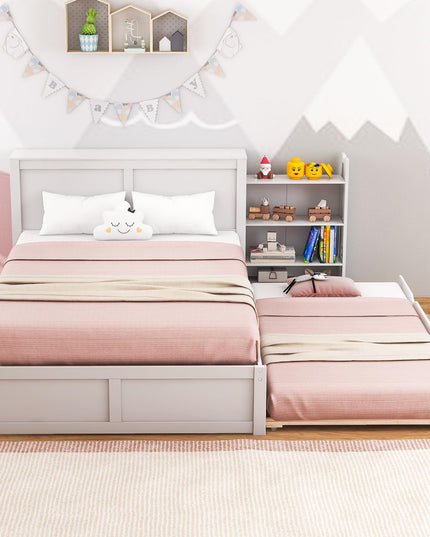 Giantex Full Bed Frame with Twin Trundle, Wooden Bed Wooden Bed Frame with 2 Rolling Bookcases & High Headboard