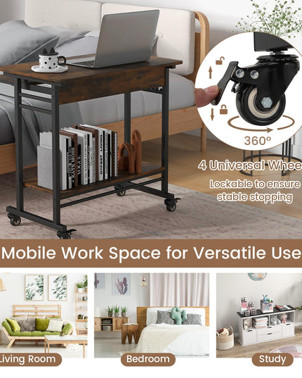 Giantex Mobile Computer Desk, Rolling Writing Desk with Keyboard Tray, Shelf & 3 Hanging Hooks, Rustic Brown & Black