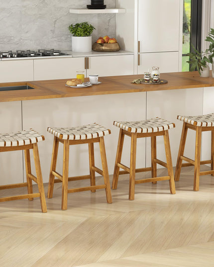 Giantex 25.5/31" Woven Bar Stools Set of 2/4, Faux PU Leather Counter Height Saddle Stools with Woven Curved Seat