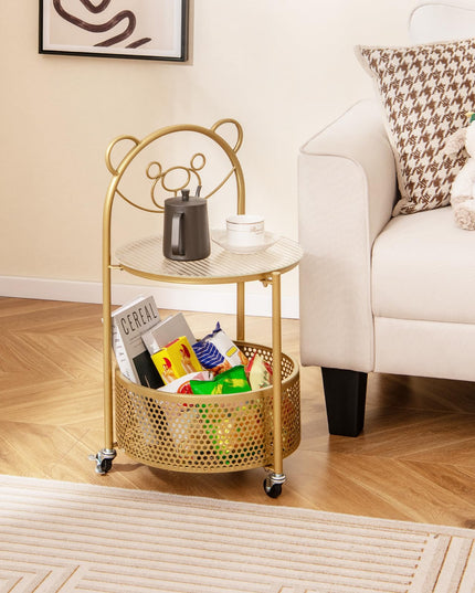 Giantex Mobile Glass Coffee Table, 2-Tier Round End Table with Bear Pattern, Storage Basket, Metal Frame