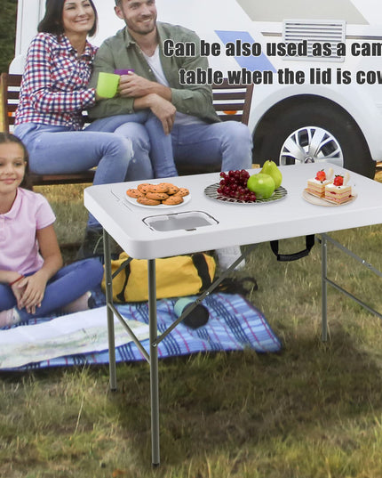 Giantex Fish Cleaning Table with 2 Sinks, Faucet, Garage Holder, Portable Folding Camping Table with Measuring Mark