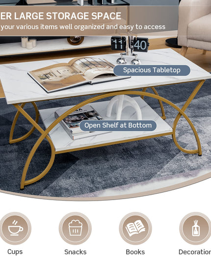 Table basse rectangulaire à 2 niveaux Giantex, table de cocktail moderne chic avec étagère de rangement ouverte, blanc/doré