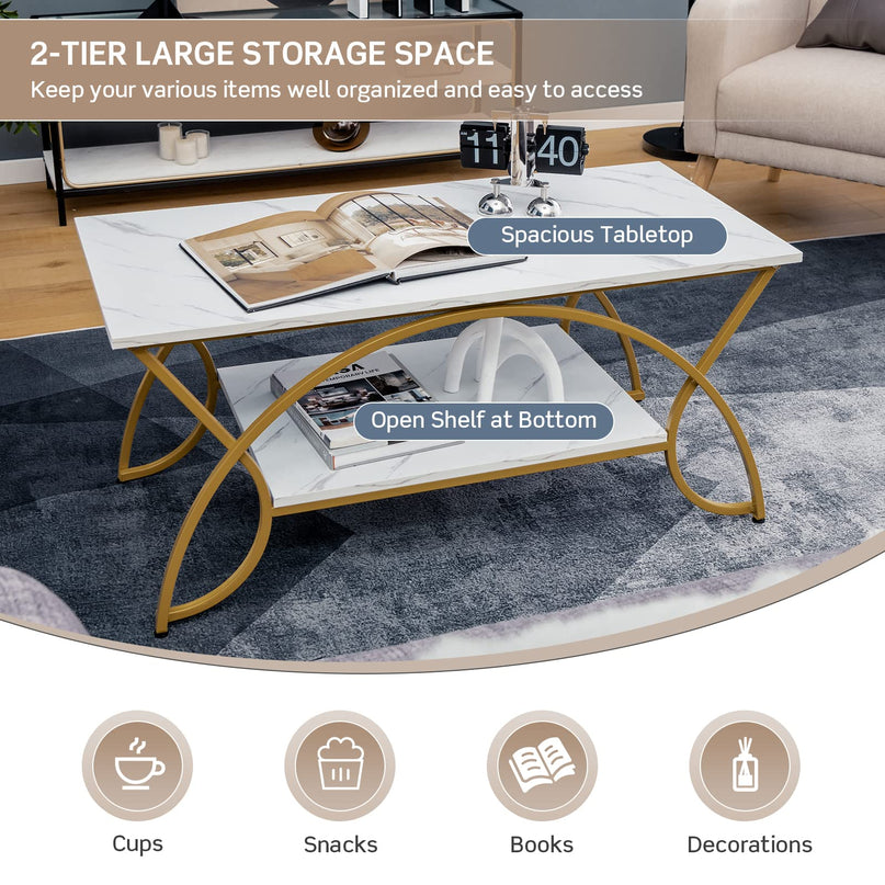 Giantex 2-Tier Rectangular Coffee Table, Modern Chic Cocktail Table with Open Storage Shelf, White/Gold