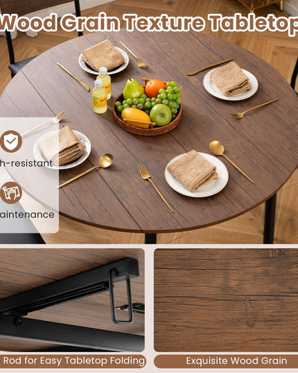 Giantex  43.5" Round Kitchen Table and 4 Upholstered Dining Chairs with Drop Leaf Tabletop