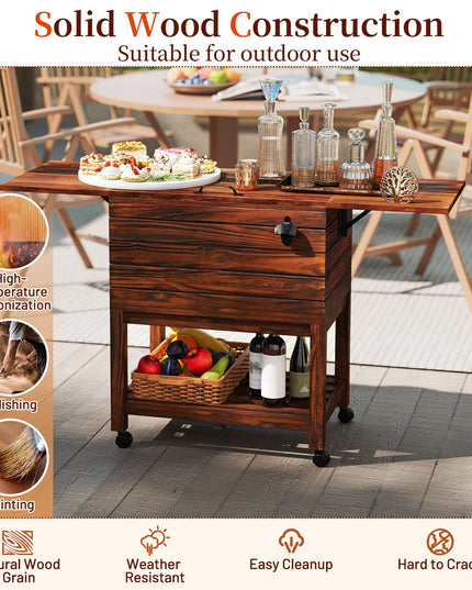 Giantex 54QT Wooden Patio Cooler Cart with Wheels Insulated Rolling Ice Chest with Drain