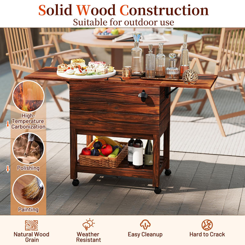Giantex 54QT Wooden Patio Cooler Cart with Wheels Insulated Rolling Ice Chest with Drain
