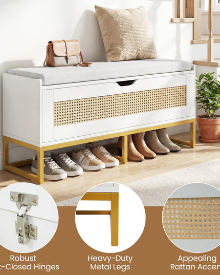 Giantex Rattan Shoe Bench with Metal Legs for Bedroom