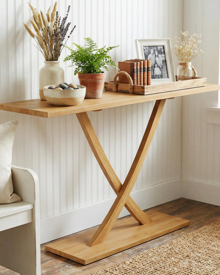 Console en bois massif Giantex 57" avec cadre en bois de teck et design géométrique