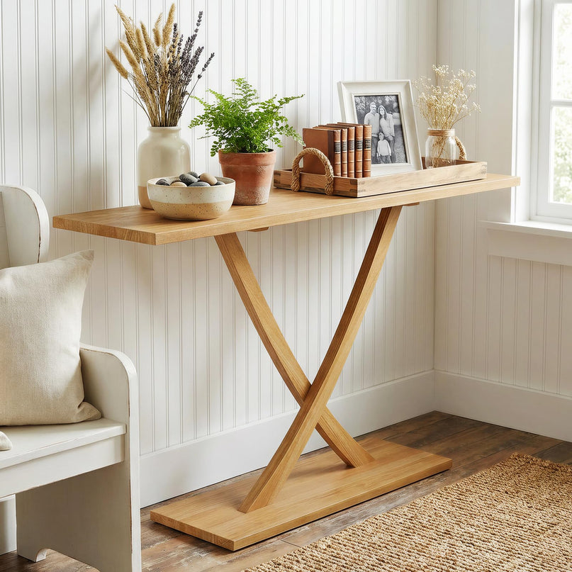Console en bois massif Giantex 57" avec cadre en bois de teck et design géométrique