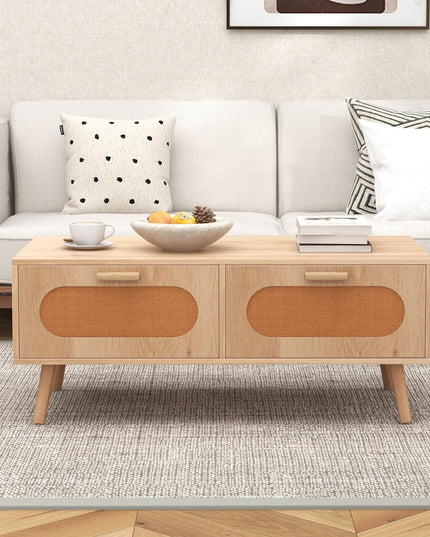 Giantex Rattan Coffee Table, Mid Century Modern Center Table with 2 Storage Drawers & Back Compartment