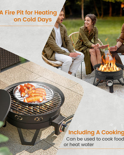 Giantex Portable Propane Fire Pit, 17" Small Outdoor Fire Bowl with Foldable Legs, Round Fireplace with Lid