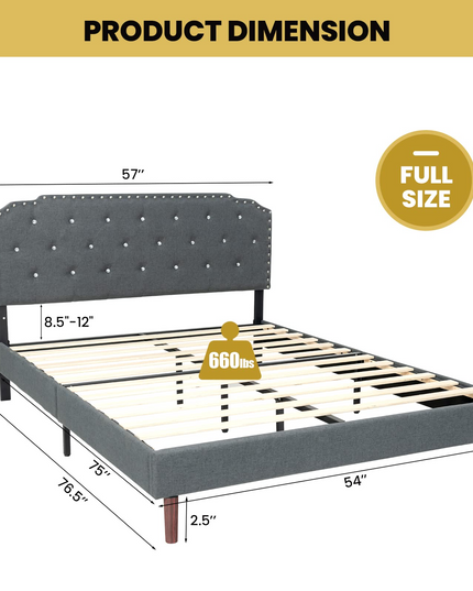 Upholstered Bed Frame w/ Adjustable Headboard, Crystal Tufted Soft Platform Bed Frame w/ Wooden Slats