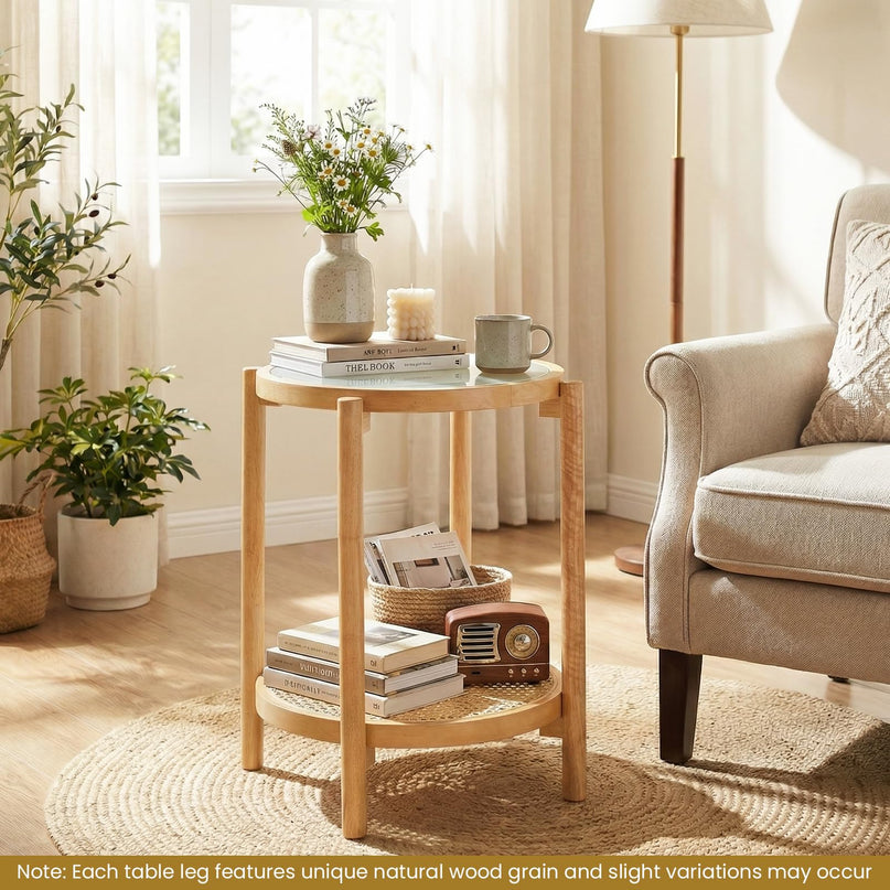 Giantex Rattan Round Side Table | 2-Tier Boho End Table w/Tempered Glass Top (1/2)