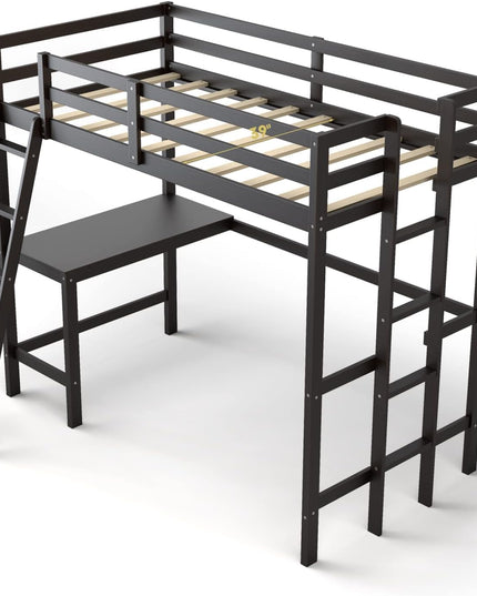 Giantex Twin Size Loft Bed with Desk, Solid Wood Loft Bed with 2 Ladders & Full Length Guardrail