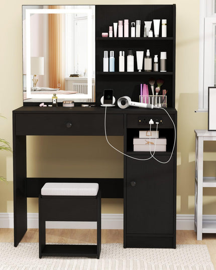CHARMAID Vanity Desk with Charging Station and Storage Stool for Bedroom