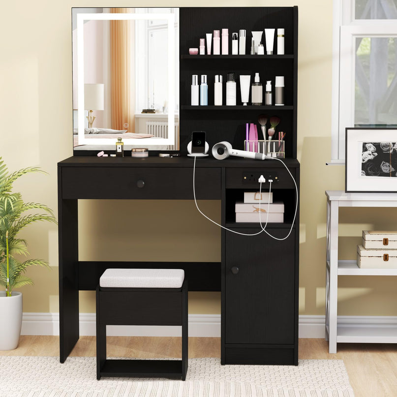 CHARMAID Vanity Desk with Charging Station and Storage Stool for Bedroom