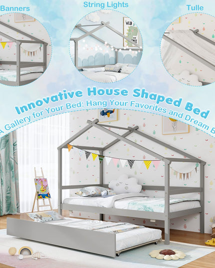 Giantex Wood House Bed for Kids, Twin Bed Frame with Trundle Bed Twin
