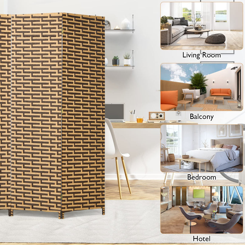Giantex 6 Ft 4 Panel Handmade Rattan Room Divider Wood Folding Screen