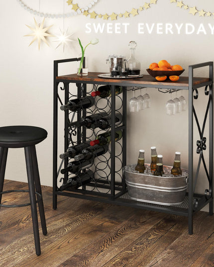 Giantex 21-Bottle Wine Rack Freestanding Floor, Wine Bar Table with 6-Glass Wine Glass Holder