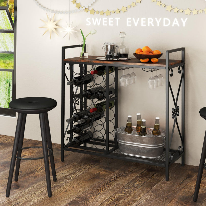 Giantex 21-Bottle Wine Rack Freestanding Floor, Wine Bar Table with 6-Glass Wine Glass Holder
