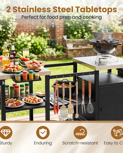 GIANTEX Large Outdoor Grill Cart with Cabinet & Dual Stainless Steel Tops