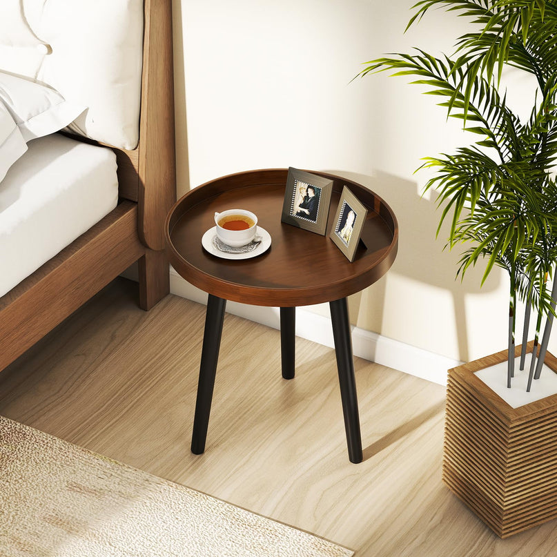 Giantex Round End Table with Wooden Tray & Bamboo Legs