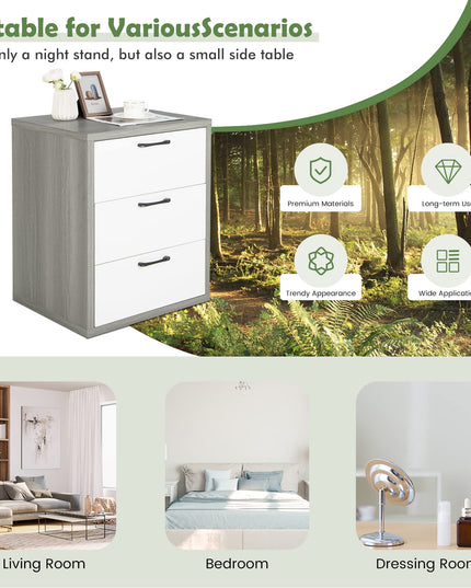 Giantex Storage Drawer Dresser - Wood End Table, Night Stand with 3 Drawers (1, White & Gray)