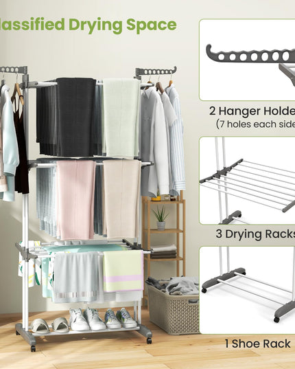 Giantex Foldable Clothes Drying Rack, Oversized 4-Tier Collapsible Laundry Rack w/ 3 Retractable Trays