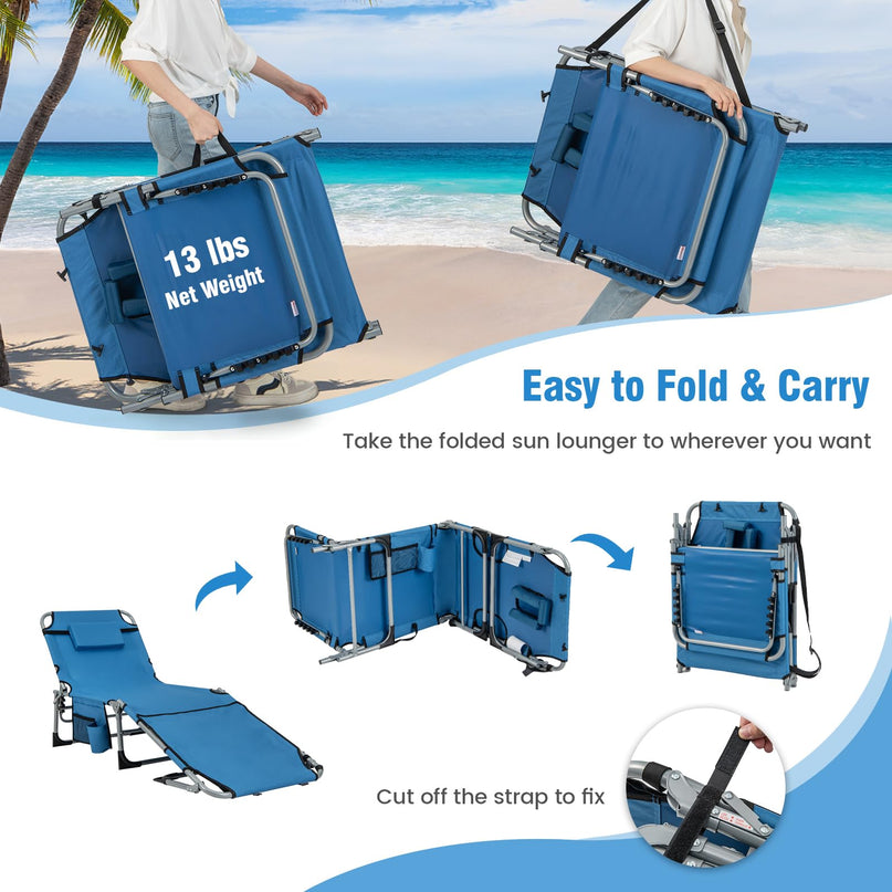 Giantex Folding Beach Tanning Chair - Outdoor Chaise Lounge Chair, 5-Position Adjustable Lounger with Face Hole