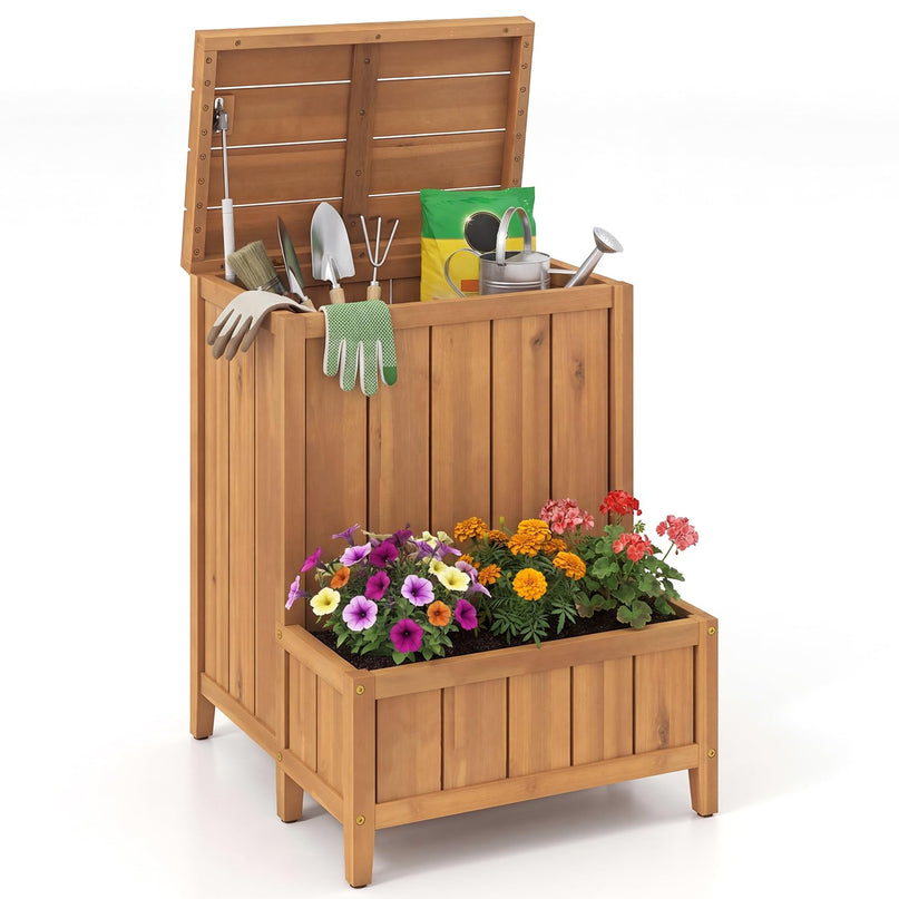 Giantex Outdoor Wooden Planter Box with Lid & Gas Rod