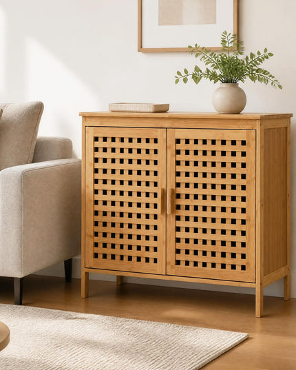Giantex Freestanding Bamboo Bathroom Storage Cabinet with 2 Doors