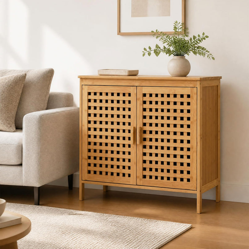 Giantex Freestanding Bamboo Bathroom Storage Cabinet with 2 Doors
